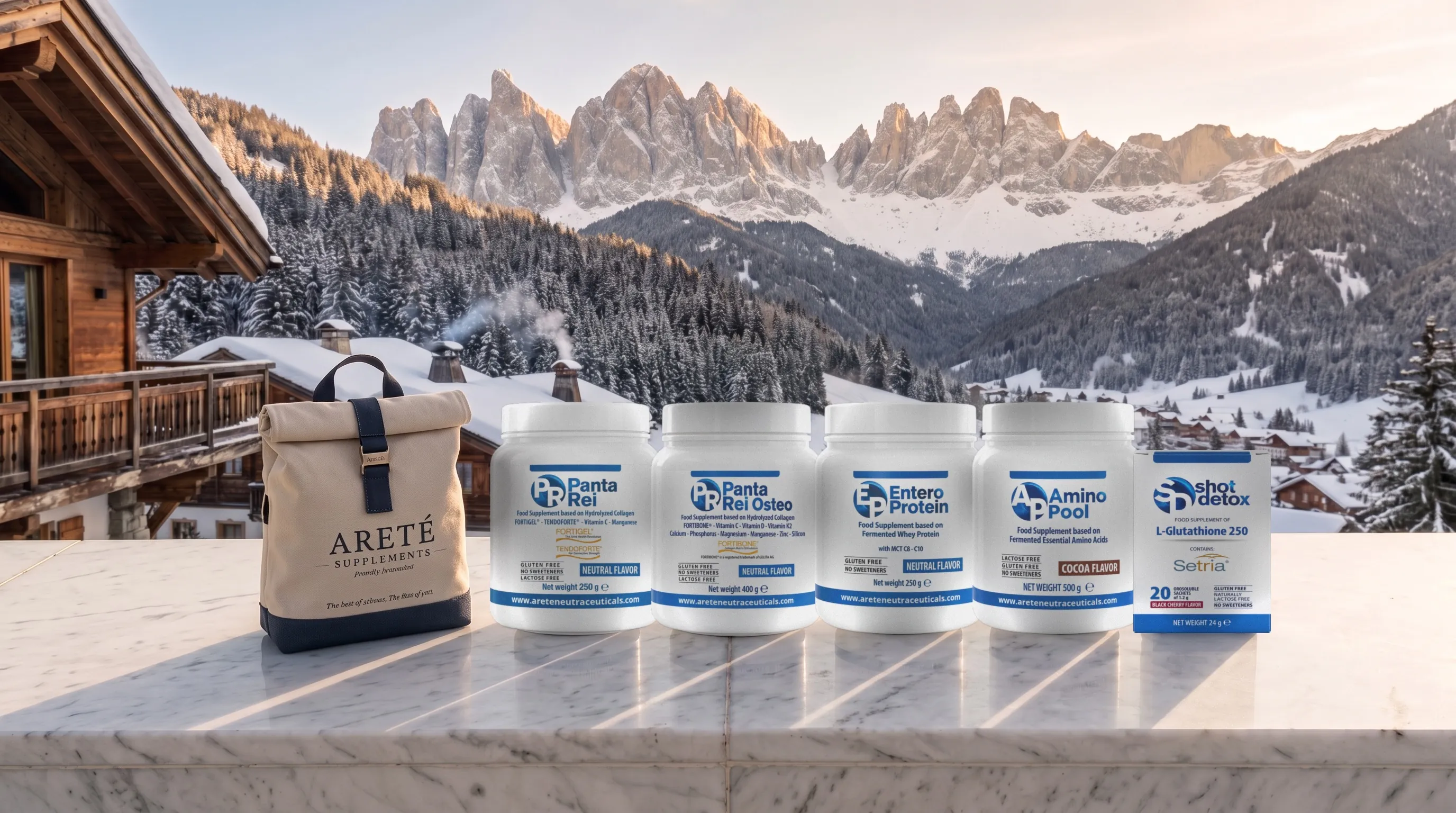 Areté bag and the five formulations on a chalet terrace, snowy mountains behind