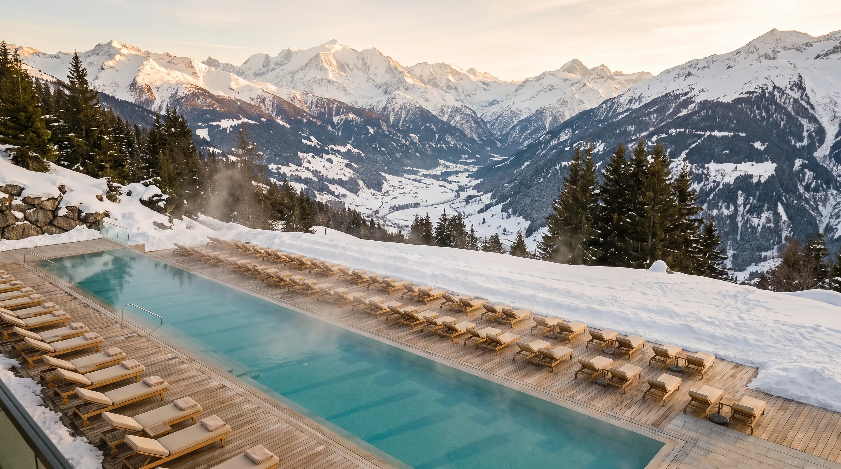 Heated outdoor pool of an alpine spa seen from above, snowy peaks behind